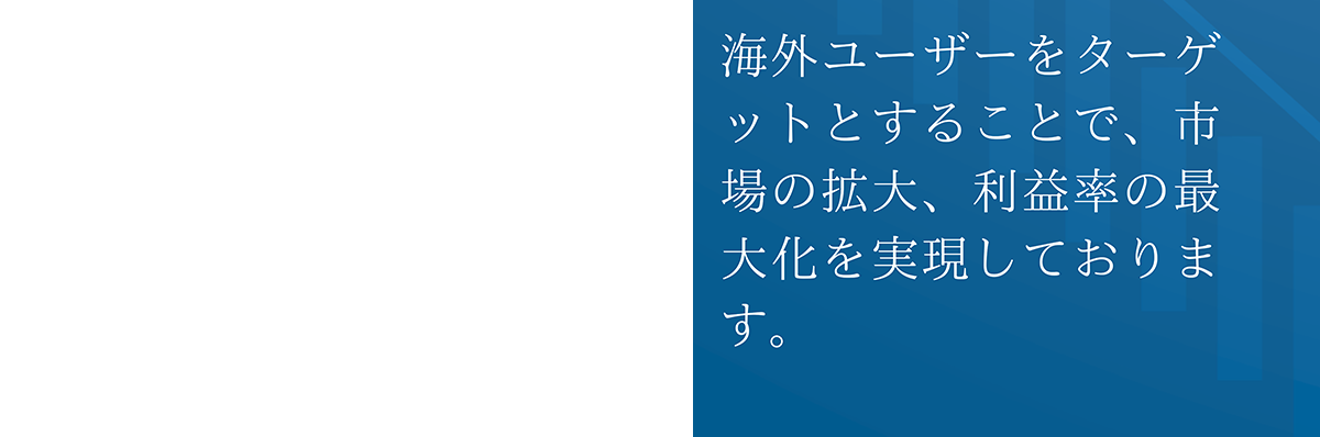 海外ユーザーをターゲットとすることで、市場の拡大、利益率の最大化を実現しております。